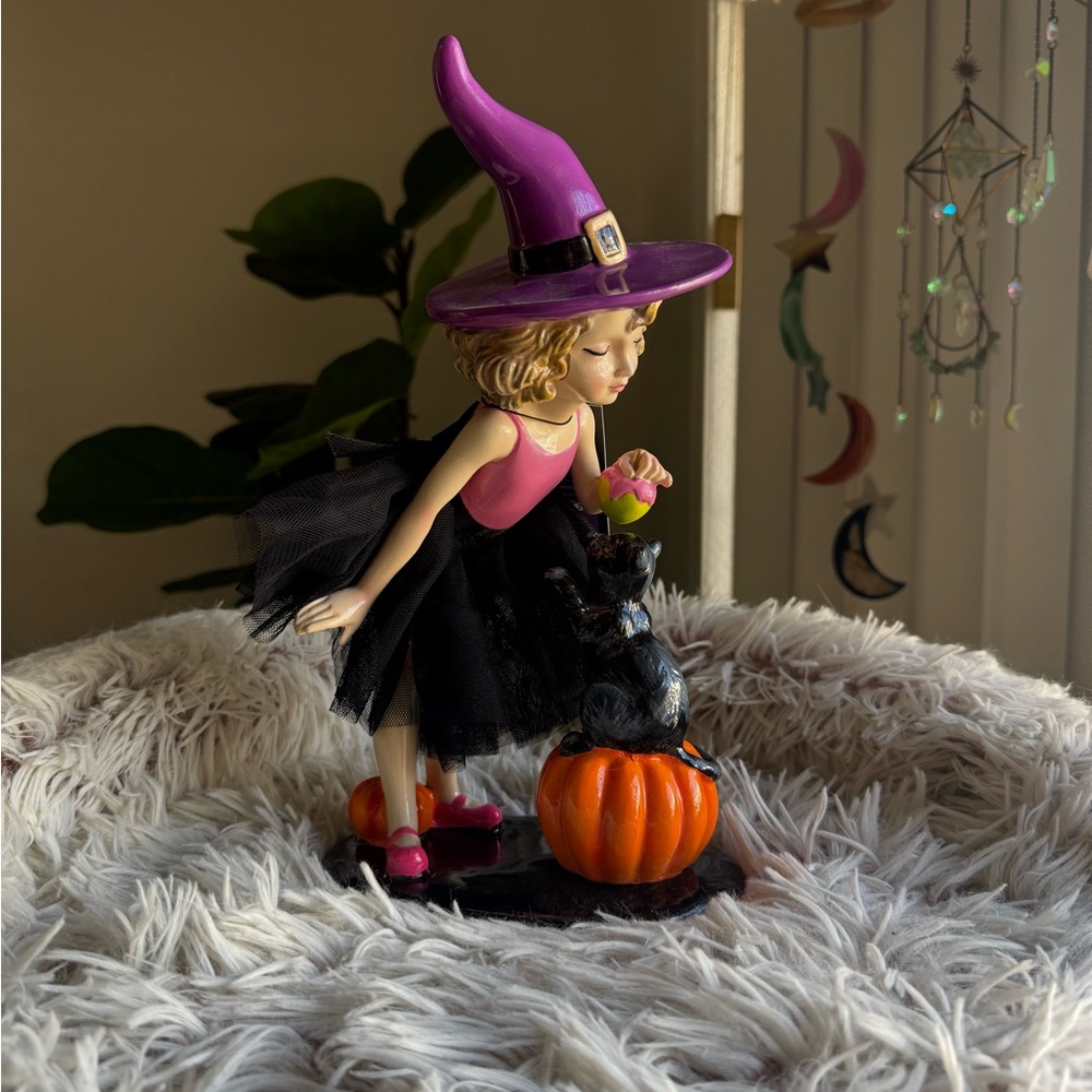Ghoulish Halloween Witch with Purple Hat with Cat on Pumpkin